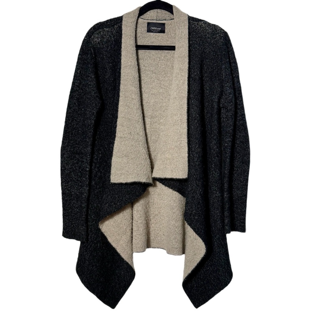 Zara Knit Wool Blend Drape Cardigan Sweater Black Cream‎ Small